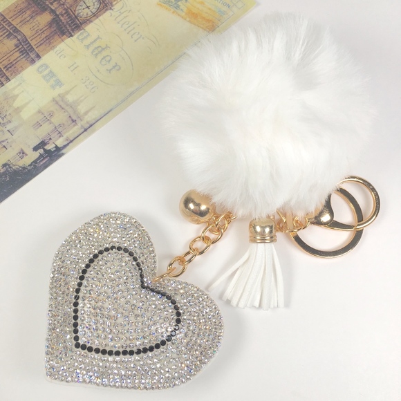 Rhinestone Heart Furry Tassel Keychain - Picture 2 of 6